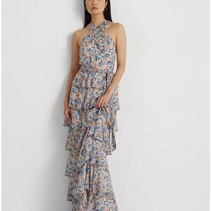 Lauren Ralph Lauren | Floral Crinkle Georgette Halter Gown | Blue Pink Multi, 18